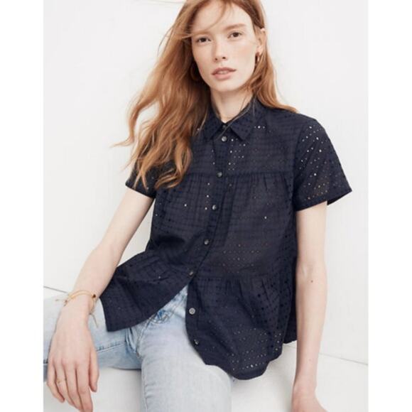 MADEWELL Eyelet Peplum Button Up Blouse Top Size XS Navy Short‎ Sleeve - Picture 1 of 8